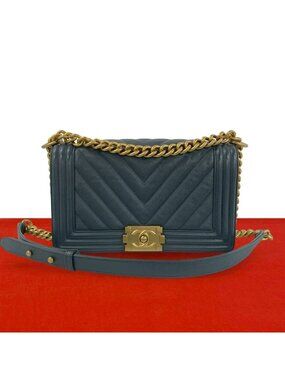 Chanel Boy CC Logo Caviar Leather Chain Shoulder Bag Blue Gray